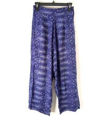 Very Vineyard Fish Print Wide Leg Rayon Pants Coastal Beach Resort Blue
